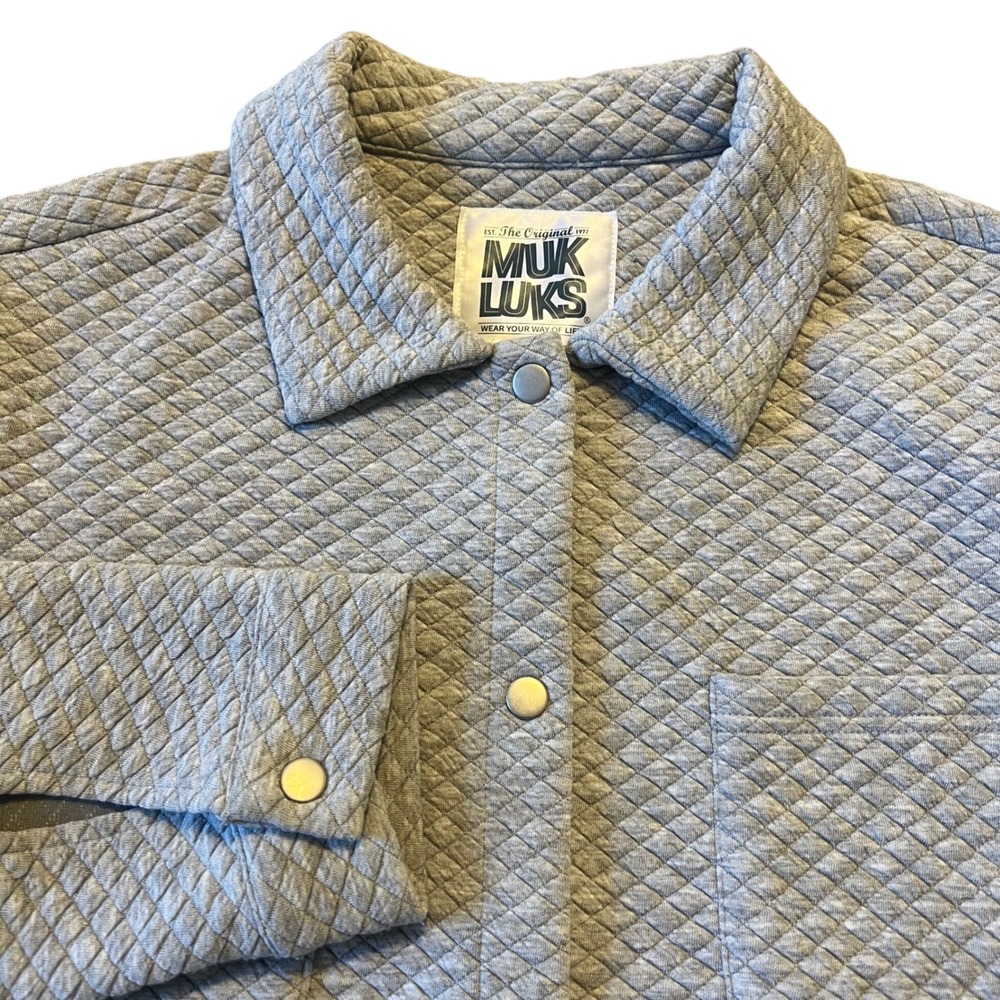 Muk Luks Quilted Shirt Jacket Gray Snap Front Pockets Collared Casual Medium
